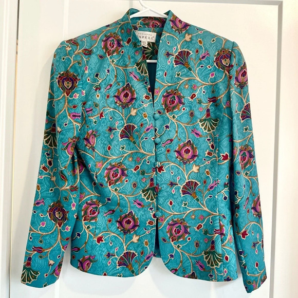 Adrianna Papell Vintage Silk Turquoise Floral Blazer and Skirt Suit Set Size 10 - Picture 1 of 7